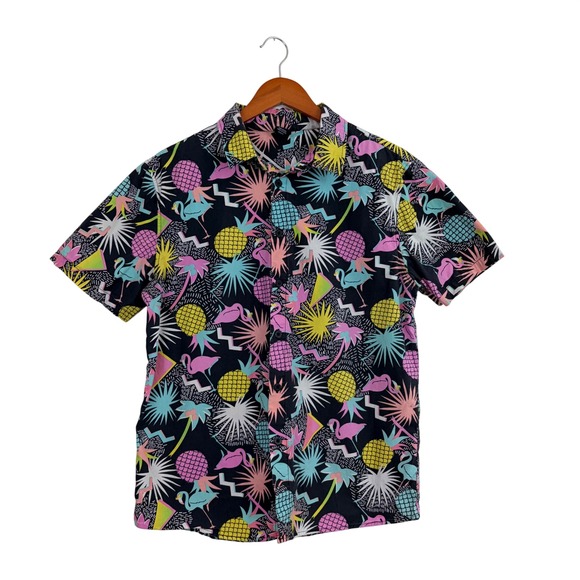Neff Other - NEFF Mens M Flamingo Pineapple Tropical Print Button Down Shirt Black Vacation